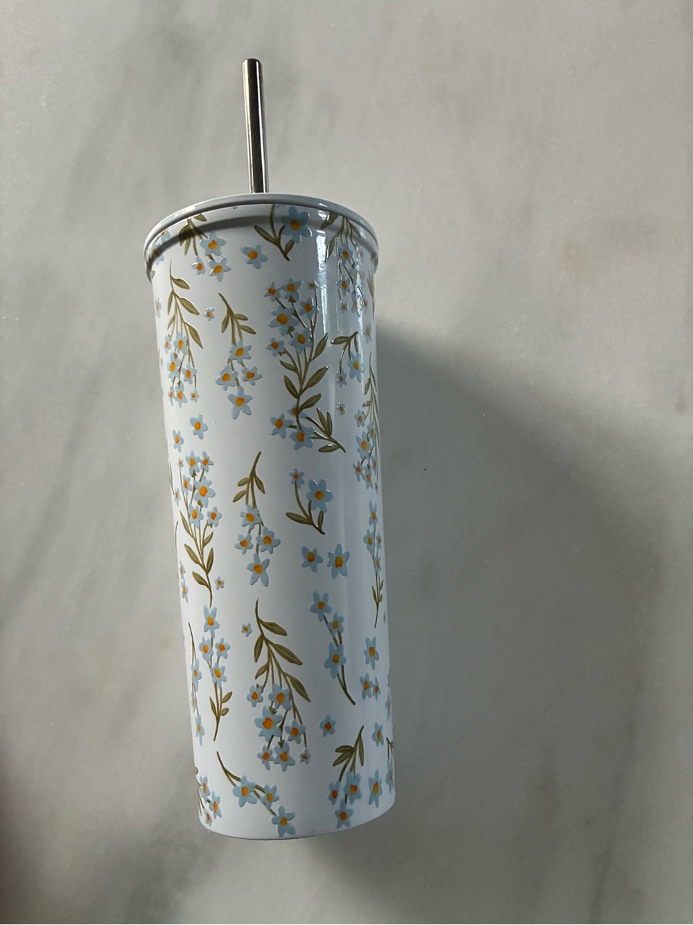 Rove Stainless Steel Floral Tumbler with Metal Straw White Blue Wildflower 23oz